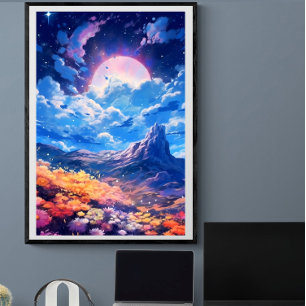 Poster Lune rose nuit ciel paysage floral Ai