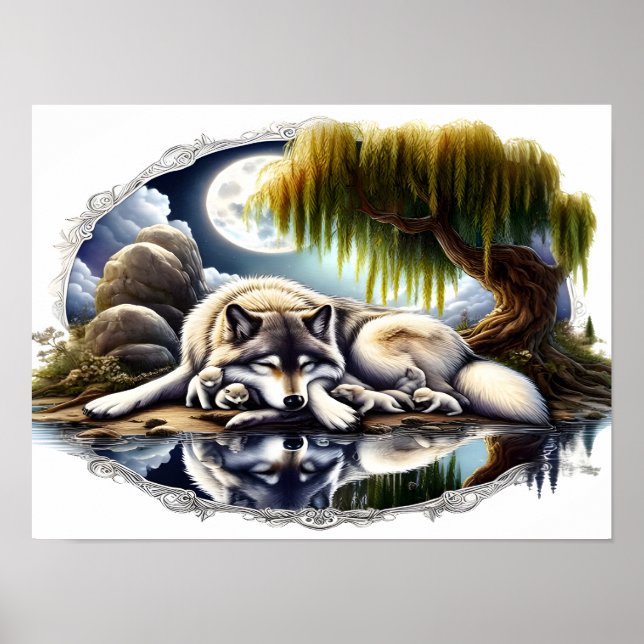 Poster Lune Sérénité Un Loup Slumpteur 16x12 (Devant)