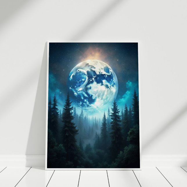 Poster Lune sur les pins - Serene Lunaire Paysage Art (Moonrise Over Pines – Serene Lunar Landscape Art Poster in a white wooden frame)