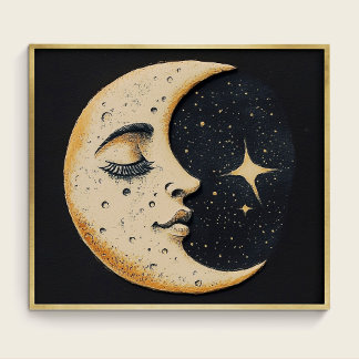 Poster Lune Vintage - Lune Dormante - Bleu Foncé