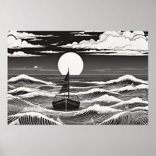 Poster Lune Voyage Serenade Nautique Noir et Blanc