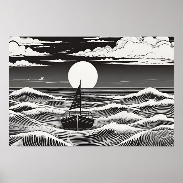 Poster Lune Voyage Serenade Nautique Noir et Blanc (Devant)