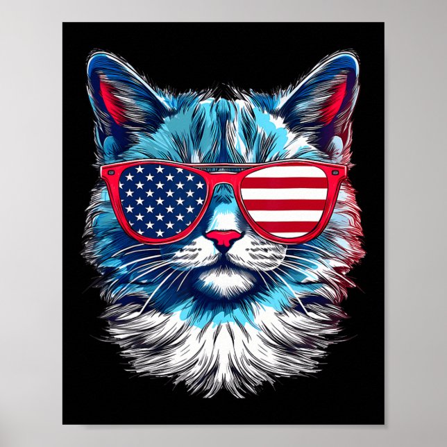 Poster Lunettes De Chat Drapeau États-Unis 4 Juillet Fête (Devant)