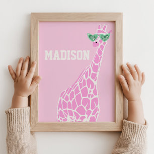 Poster Lunettes de soleil en girafe rose Nom personnalisé