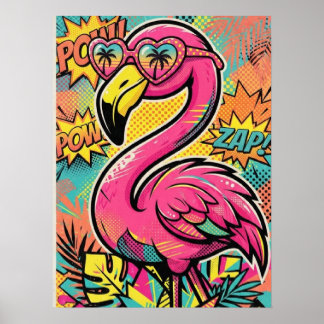 Poster Lunettes de soleil flamant rose bande dessinée rét
