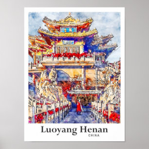 Poster Luoyang Henan Chine Voyage Aquarelle main tirée