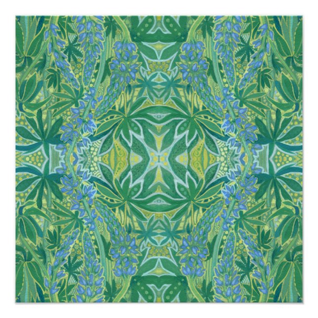 Poster Lupine Fleurs Bohème Arabesque Motif Vert (Devant)