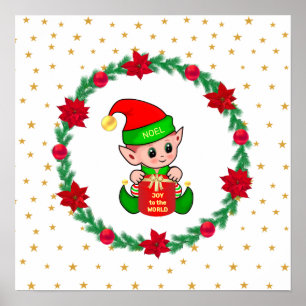 Poster Lutin de Noël, couronne de pin, poinsettias et éto
