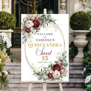 Poster Luxueux Burgundy Floral Or Bohème Quinceanera Bien