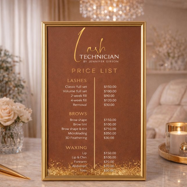 Poster Luxury Gold & Brown Lash Tech Price List  (Créateur téléchargé)