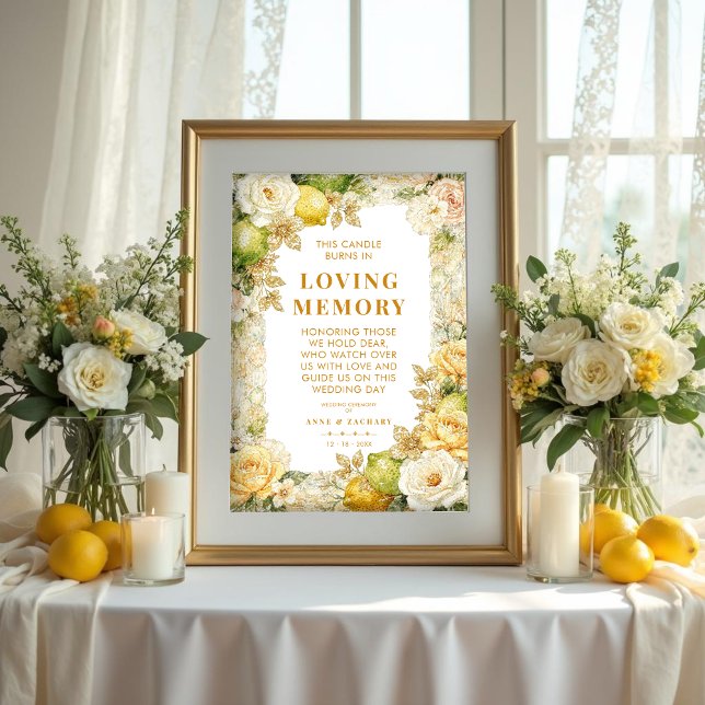 Poster Luxury Mediterranean Lemons & Flowers Memorial (Luxury Delicate Mediterranean Lemons & Flowers Frame Memorial Loved Ones Poster )