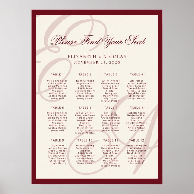 Poster Luxury Monogram Calligraphy Wedding Seating Chart (Devant)