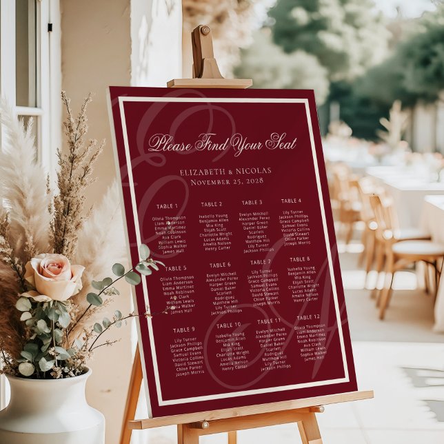 Poster Luxury Monogram Deep Red Wedding Seating Chart (Créateur téléchargé)