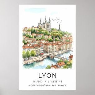 Poster Lyon City Imprime Aquarelle Skyline et Pierre