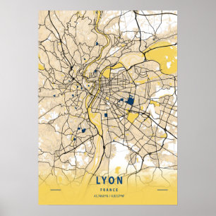 Poster Lyon - France Carte de la ville jaune