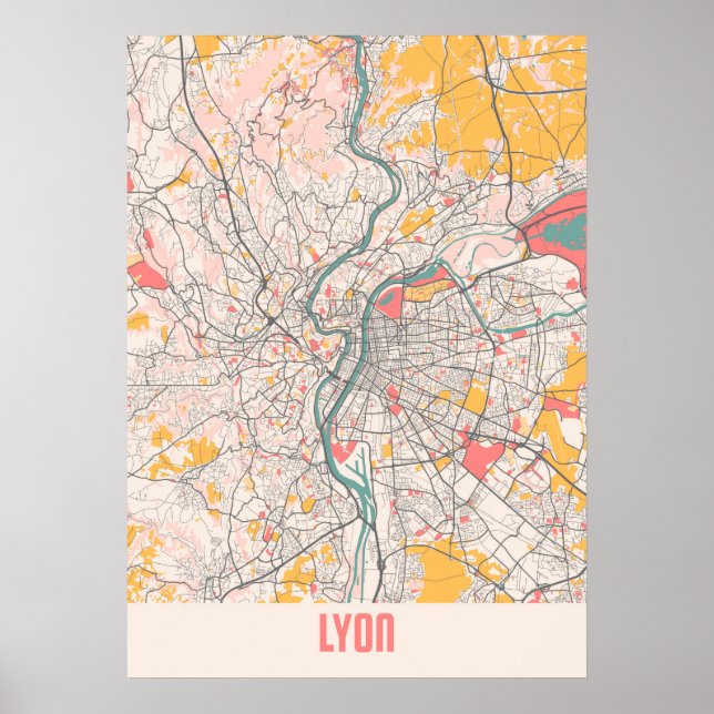 Poster Lyon - France Chalk City Carte (Devant)