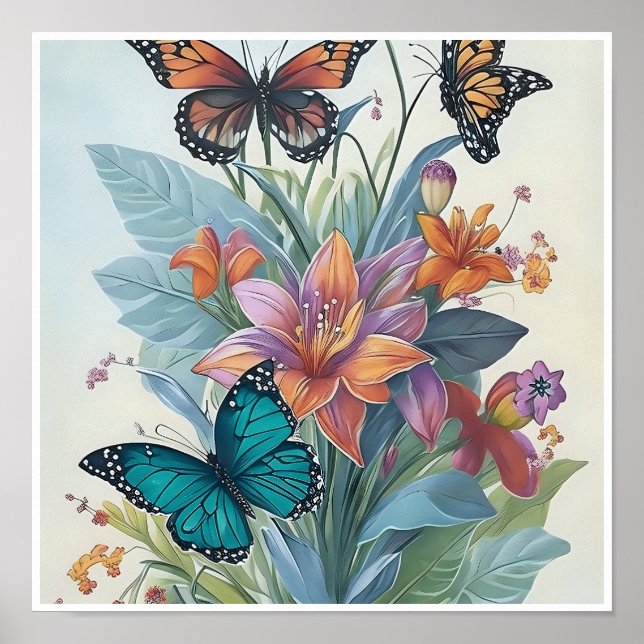 Poster Lys colorés et papillons (Devant)
