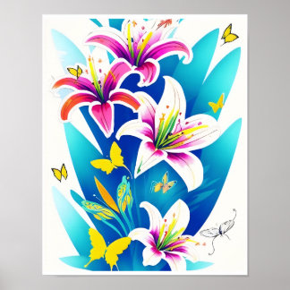 Poster Lys et papillons jaunes