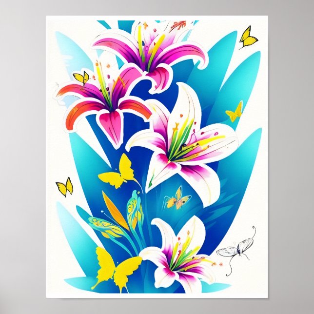Poster Lys et papillons jaunes (Devant)