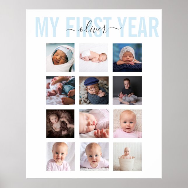 Poster Ma première année Nom du bébé 12 Photo Collage (Devant)