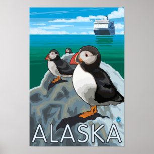 Poster Macareux observant un bateau de croisière