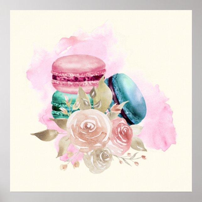 Poster Macarons et fleurs colorés Aquarelle (Devant)