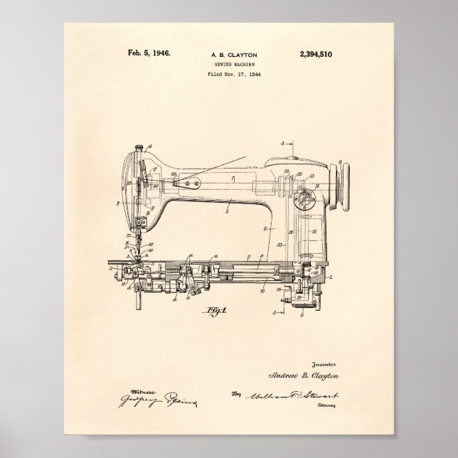 Poster Machine à coudre 1946 Brevet Art Vieux Poivre (Devant)