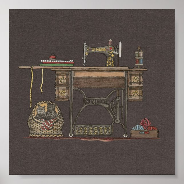 Poster Machine à coudre et chatons (Devant)