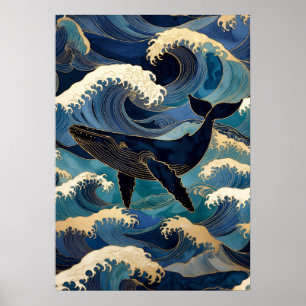 Poster Madagascar Ocean Whale - Blue & Gold Waves   