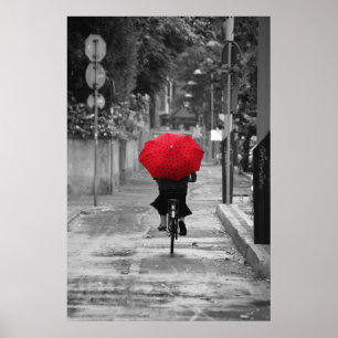 Poster Madame Cyclist avec un parapluie rouge, Florence,