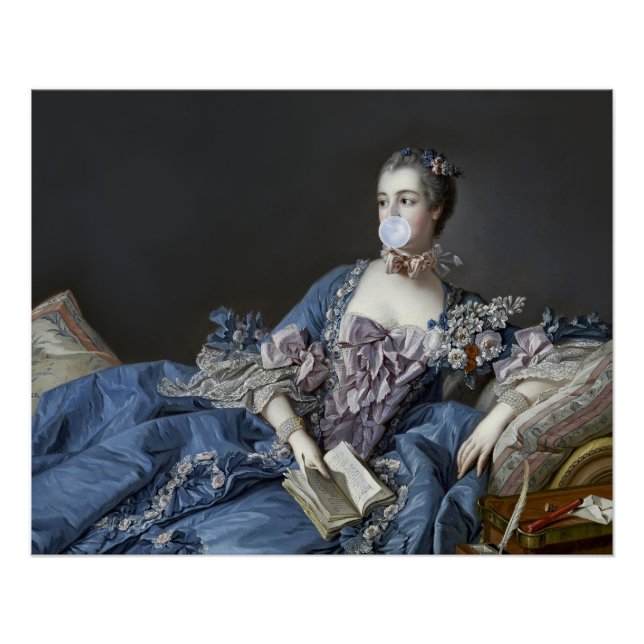 Poster Madame de Pompadour souffle une gomme à bulle bleu (Devant)