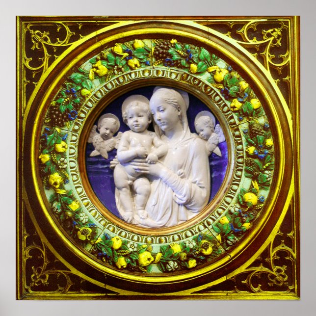 POSTER MADONNA AVEC ENFANT, ANGES RENAISSANCE FLORALE COU (Devant)