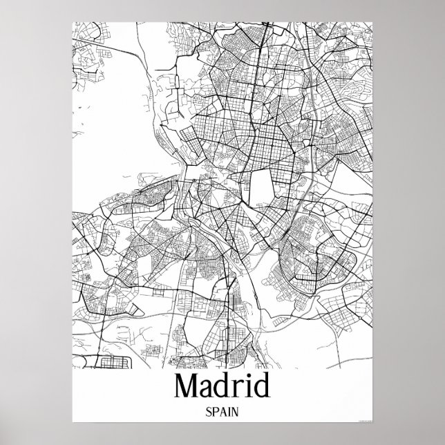 Poster Madrid Espagne Carte de la ville noire et blanche (Devant)