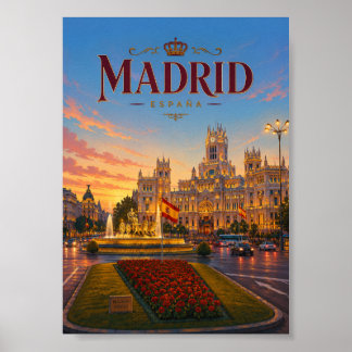 Poster Madrid Espagne Place de Cibeles Vue du Coucher de