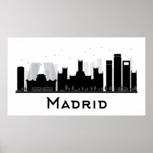 Poster Madrid, Espagne   Skyline de la ville noire et bla
