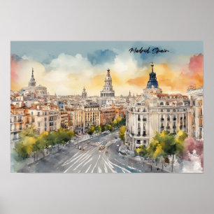 Poster Madrid Espagne Ville Silhouette Aquarelle Peinture