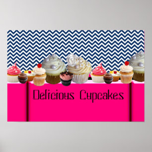 POSTER MAGASIN DE CUPCAKES DÉLICIEUX / CHEVRON BLEU BLANC