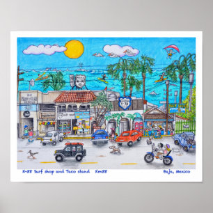 Poster Magasin de Surfs K-38 et stand Taco, Baja, Mexique