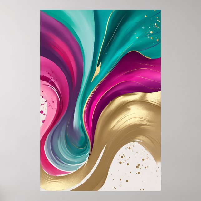 Poster Magenta, et or Abstrait aquarelle Art (Devant)
