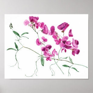 Poster magenta pois doux fleurs aquarelle