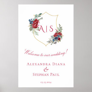 Poster Magenta Vintage Botanical Floral Crest Monogram