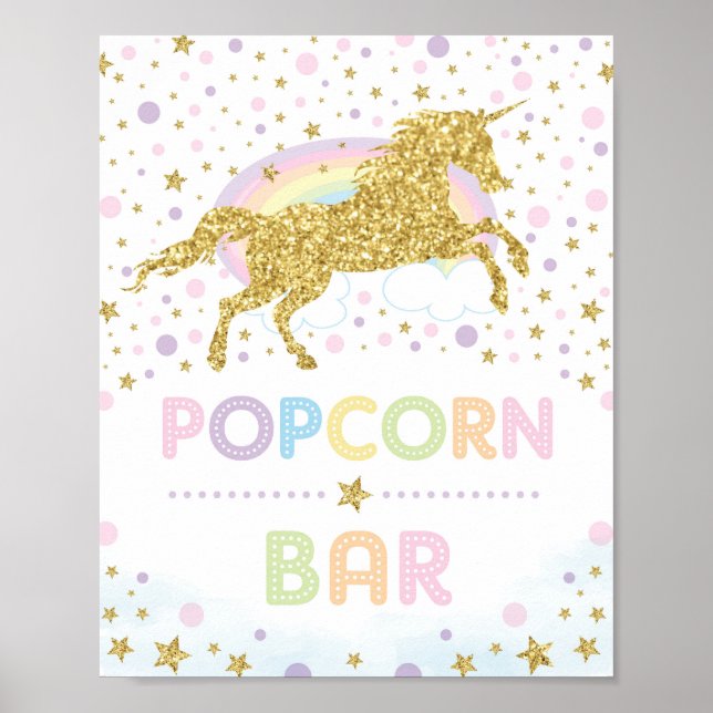 Poster Magic Gold Unicorn / Popcorn Bar / Rainbow Stars (Devant)