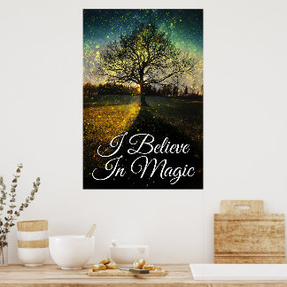 Poster Magical fireflies dreamy landscape I believe magic