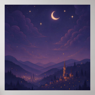Poster Magical Moonlit Village Nightscape
