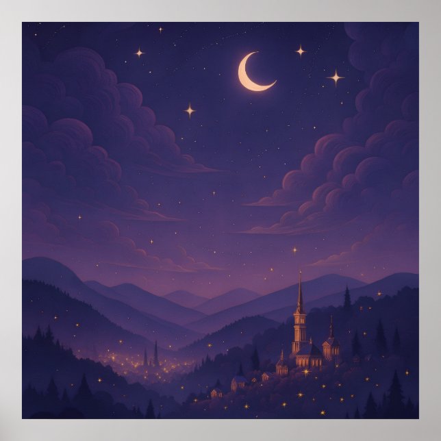 Poster Magical Moonlit Village Nightscape (Devant)
