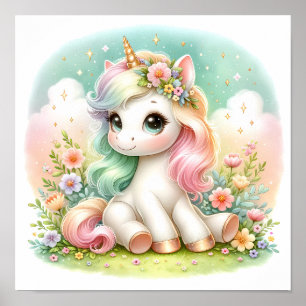 Poster Magique Cute Kawaii Unicorn Floral