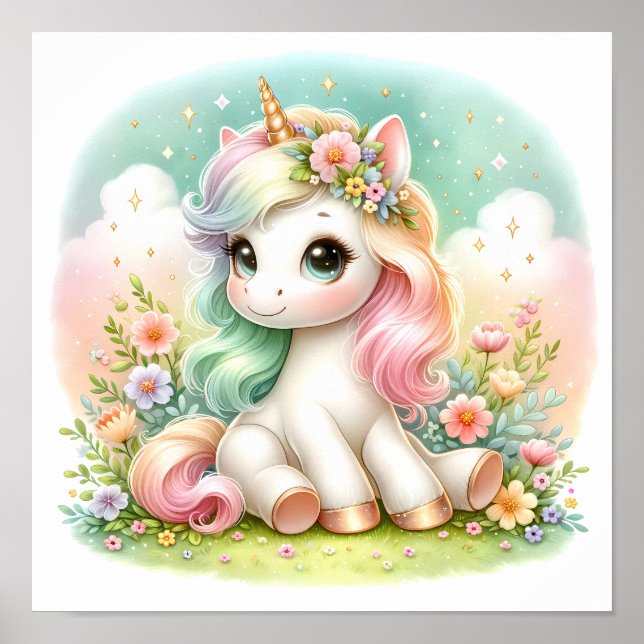 Poster Magique Cute Kawaii Unicorn Floral (Devant)
