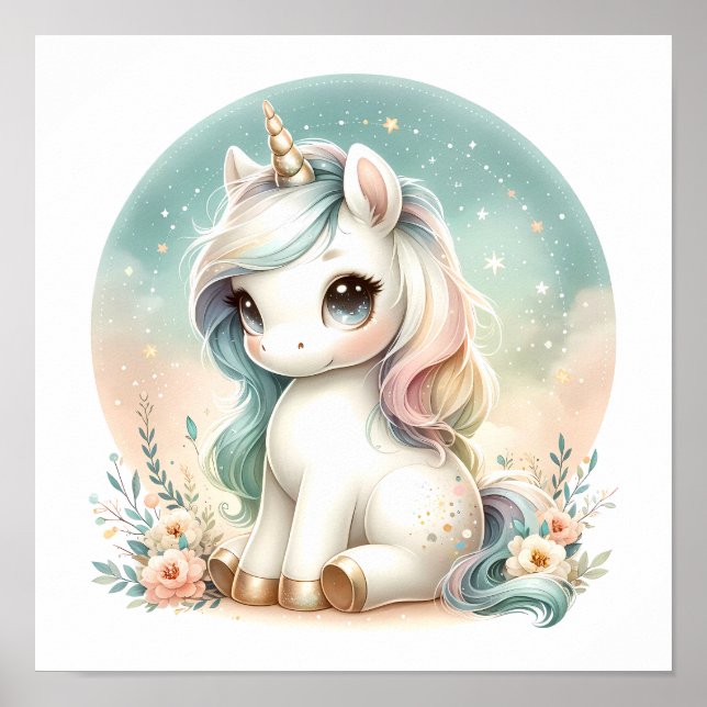 Poster Magique Cute Kawaii Unicorn Floral Nursery Kids (Devant)