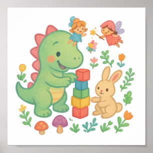 Poster Magique Dino & Bunny - Cute Fairy Tale Amis Pos