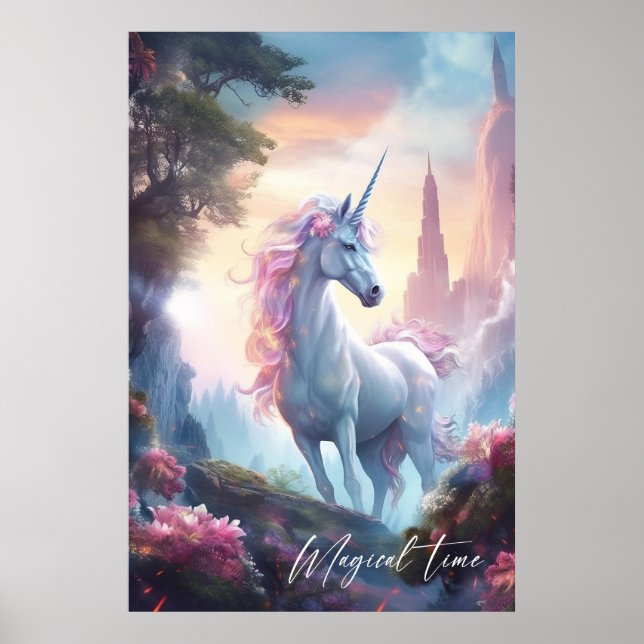 Poster Magique licorne conte de fées château cadeau d'ann (Devant)